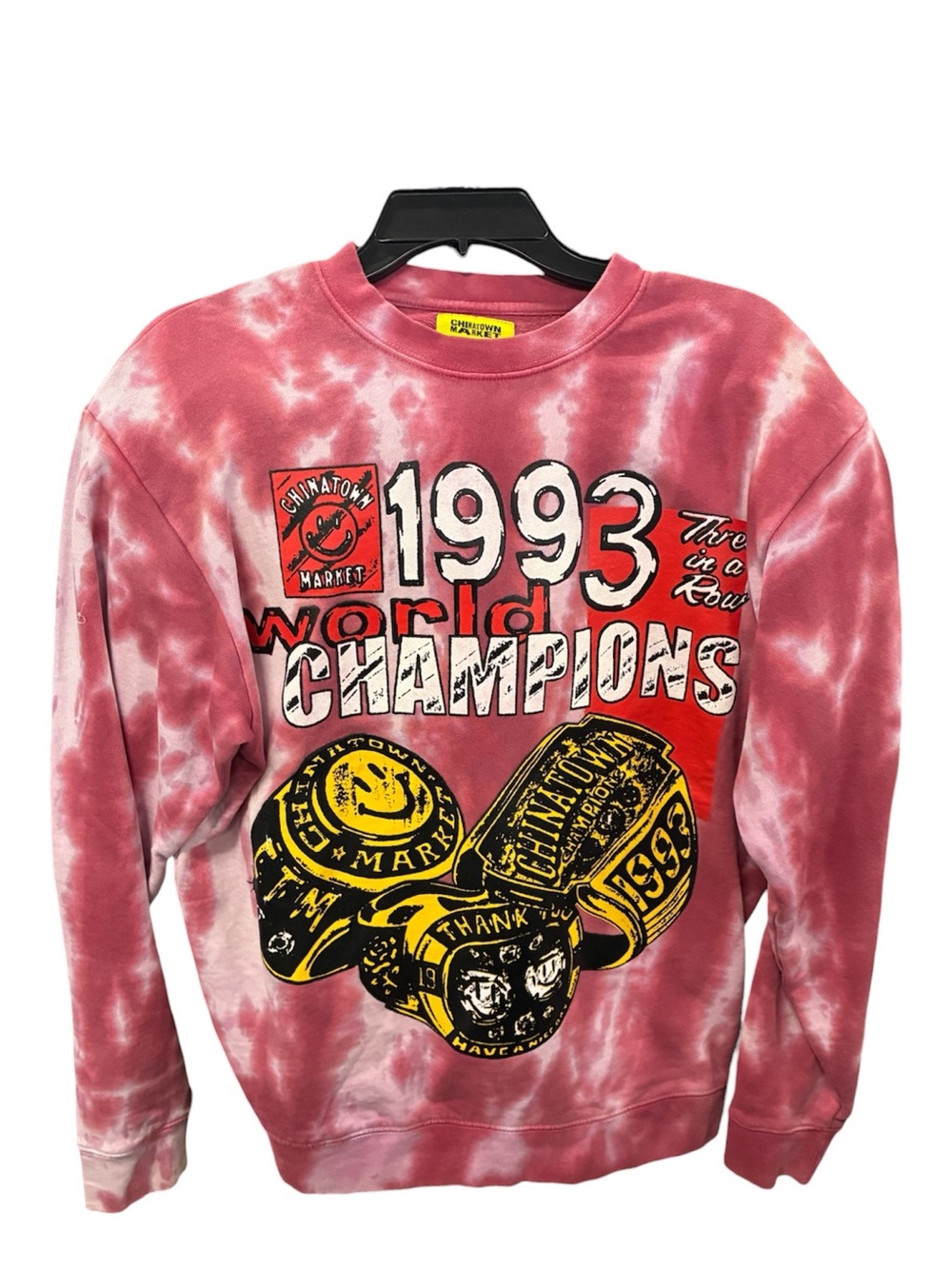 Chinatown Market Smiley 1993 Champions 3 Rings Tie-Dye Crewneck in Red Sz S